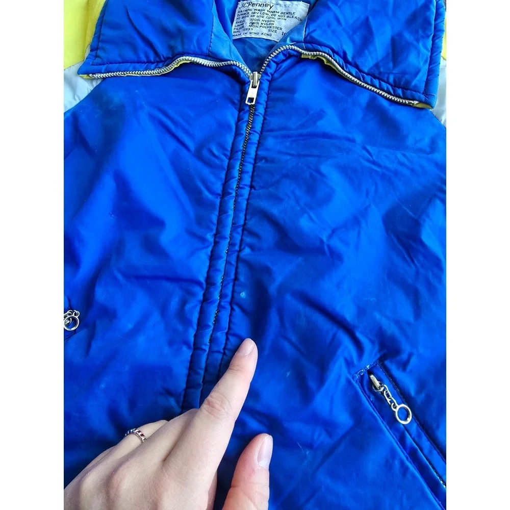 Vintage 70s‎ JCPenney Puffer Jacket Kids Size 10 Blue Yellow Colorblock Coat
